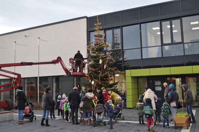 Foto zeigt den Weihnachtsbaum und die Kita-Kinder samt Erzieherinnen und Eltern vor dem Rathaus.