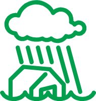Logo zeigt ein überflutetes Haus im Starkregen