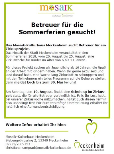 Flyer des Mosaik-Kulturhauses Meckenheim mit dem Aufruf: Betreuer für die Sommerferien 2018