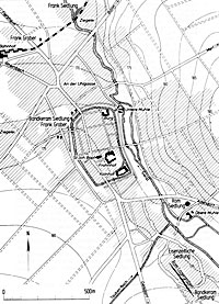 Bild nach der Urkatasteraufnahme von 1824. Die Altstadt Meckenheim im Bering der mittelalterlichen Wassergräben. Der Plan verzeichnet die bekannten archäologischen Fundstellen.